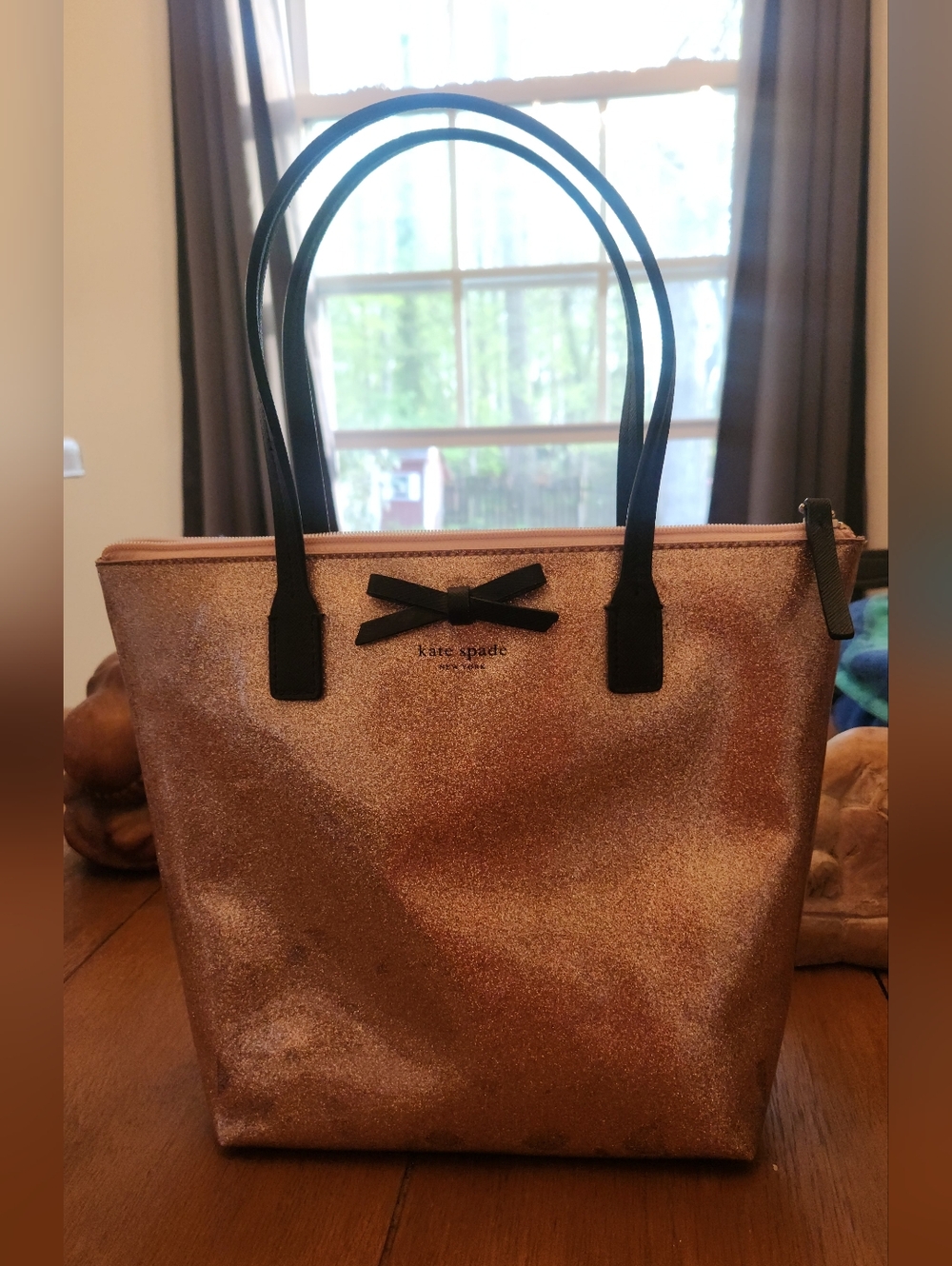 kate spade Rose Gold Glitter Tote with Black Handles NWOT